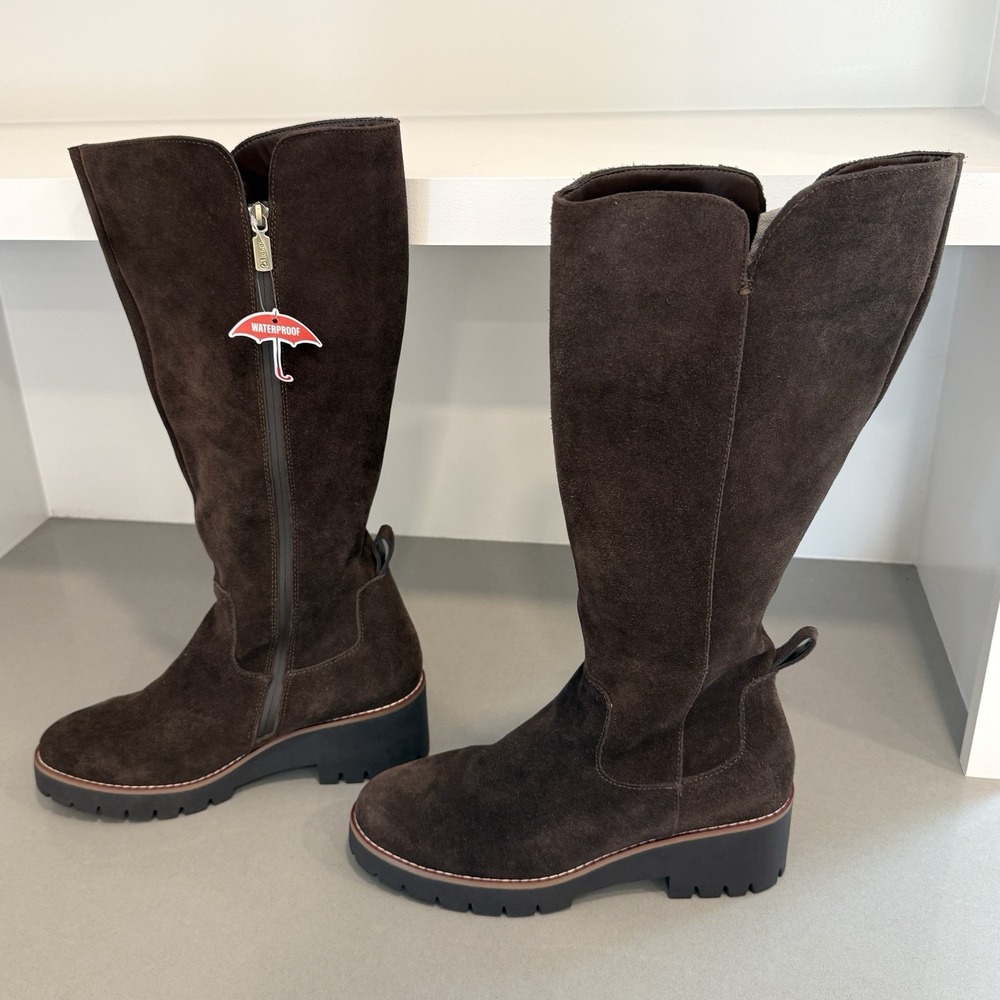 Blondo Deon Waterproof Boots Womens 9 Chocolate Brown Cow Suede Knee High Chunky